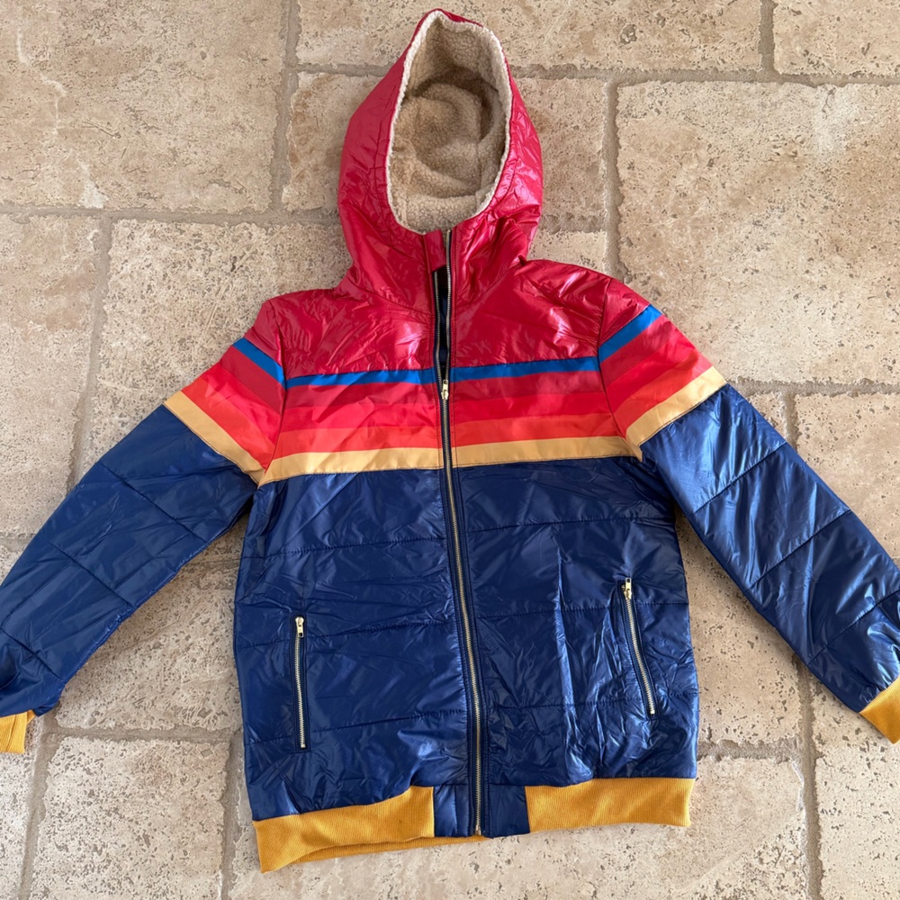 Aviator Nation look alike Red, Navy & Gold Colorblock Hooded Puffer Jacket
